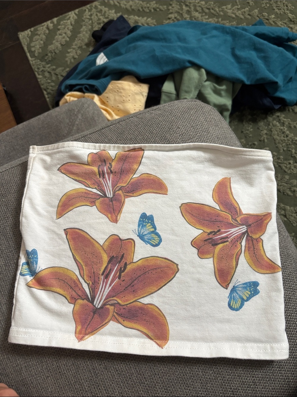 White Mini Tube top with Orange Lily & Blue Butterfly Print